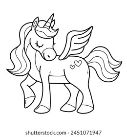 Unicorn pegasus coloring book for kids. Coloring page with horse unicorn. Monochrome black and white illustration. Vector children's illustration.