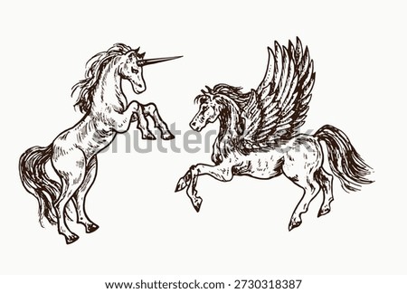 Unicorn and Pegasus, hand drawn doodle sketch, ink drawing illustration