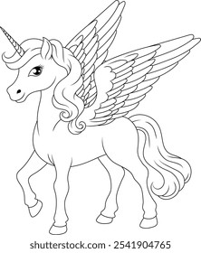 Unicornio Pegasus caballo con alas y cuerno animal mitológico de dibujos animados de la ilustración del mito griego