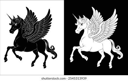 Unicornio Pegasus caballo con alas y cuerno animal mitológico de dibujos animados de la ilustración del mito griego