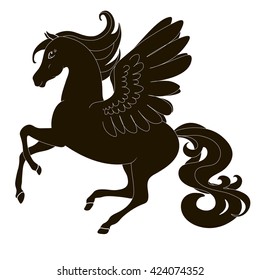 unicorn Pegasus, horse with wings in motion a fine silhouette - black over white, vector icon illustration