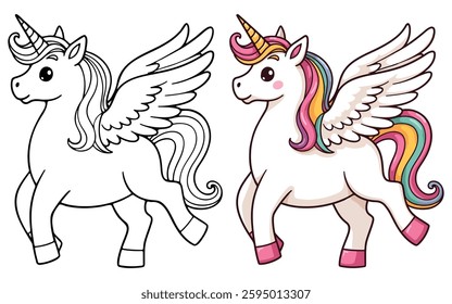 Unicorn Pegasus Isolated Line Art Vector Outline Illustration Black and White with Coloring Sample