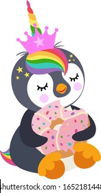 Unicorn penguin sitting eating a pink donut
