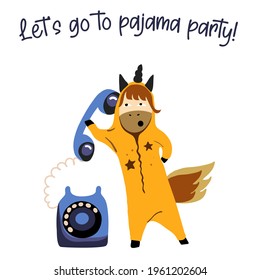 Unicorn with a phone, inviting friends to a pajama party, unicorn in pajamas; plans for the evening, nightly fun