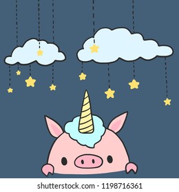 Unicorn Pig costume with clouds and stars in cartoon doodle style. Vector illustration.