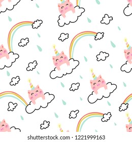 Unicorn pig on the cloud with rainbow and rain seamless pattern