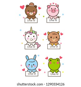 Unicorn, pig,bear,cat illustrator of Cute Animal collection cartoon Valentines day Vector: Love Festival- card and Print for t-shirt. Romantic hand drawing or instructional media illustration for kid.