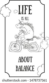 Unicorn in a pilot's hat rides a bicycle coloring page