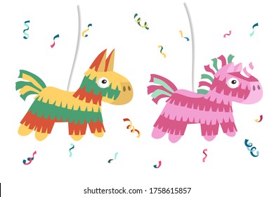 Unicorn pinata and donkey pinata. Cartoon vector illustration isolated on white background.