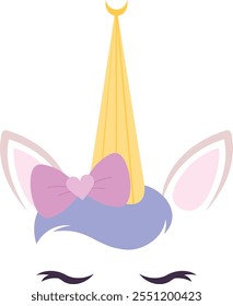 A unicorn with a pink bow on its head and a yellow crown