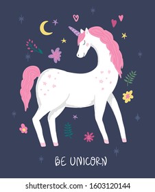 Unicorn with pink hair, flowers and moon. Cute illustration for children. Can be used for kids t-shirt design, poster, greeting card, invitation, nursery wallpaper or other decor