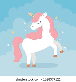 unicorn pink hair stars decoration fantasy magic dream cute cartoon blue background vector illustration