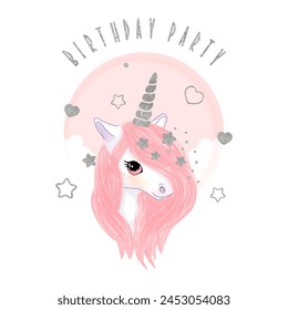 Unicorn with a pink mane. Invitation to a birthday party. Vector illustration