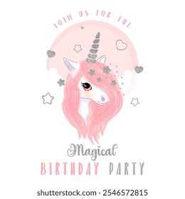 Unicornio con melena rosa. Una invitación a una fiesta de cumpleaños. Ilustración vectorial