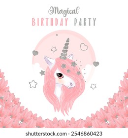 Unicornio con melena rosa. Una invitación a una fiesta de cumpleaños. Acuarela