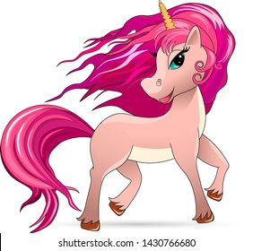 Unicorn with a pink mane on white background.