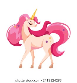 Unicorn with Pink Mane and Tail as Good Fairytale Character Vector Illustration