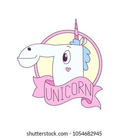 Unicorn with pink ribbon on a white background. It can be used for sticker, badge, card, patch, phone case, poster, t-shirt, mug etc.