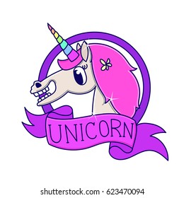 Unicorn with pink ribbon on a white background. It can be used for sticker, badge, card, patch, phone case, poster, t-shirt, mug etc.