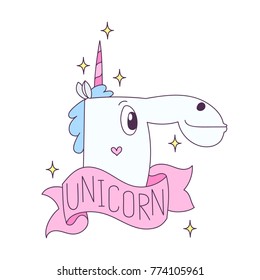 Unicorn with pink ribbon on a white background. It can be used for sticker, badge, card, patch, phone case, poster, t-shirt, mug etc.