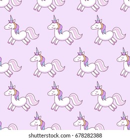 Unicorn pink. Vector illustration. Seamless pattern. Rainbow unicorns on pink background. Cute wallpaper with unicorns.