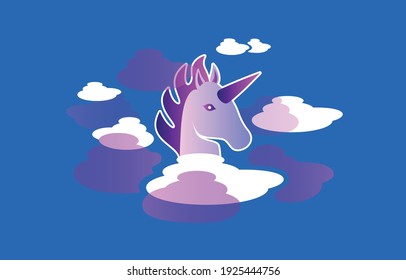 Unicorn in pink and white clouds on blue background.