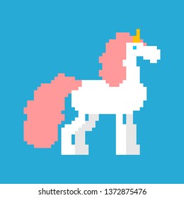 Unicorn pixel art. Magic horse 8 bit with horn on head. Vector illustration 8bit