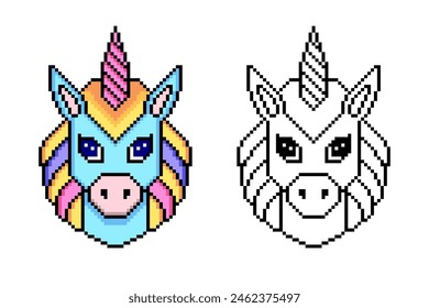 Unicorn in pixel art style on white background.