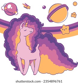 Unicorn and planets, vector hand drawn art