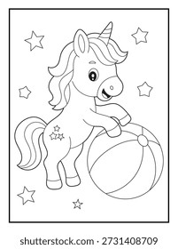 Unicorn Playing with Beach Ball Coloring Page for Kids. Playful Fantasy  Character Coloring Sheet featuring Stars and Toy Ball