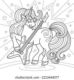 Unicorn playing electric guitar. Rock unicorn with guitar musical instrument. Disco style cartoon character. Coloring book template for children, print. Doodle outline vector illustration.