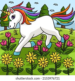 Unicorn Playing On The Flower Field Illustration