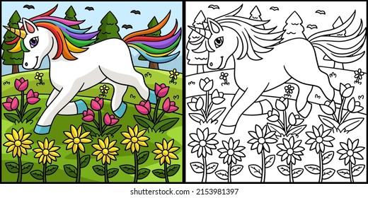 Unicorn Playing On The Flower Field Illustration