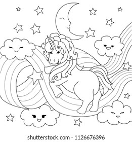 Unicorn playing with rainbow path for design element and coloring book page. Vector illustration