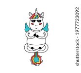 Unicorn points his middle finger and farts rainbows. Levitating horse with horn and wings in lotus yoga pose. Vector illustration
