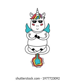 Unicorn points his middle finger and farts rainbows. Levitating horse with horn and wings in lotus yoga pose. Vector illustration