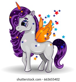 Unicorn Pony Character with Orange Wings and Big Eyes on White Background, Multicolor, Vector Illustration EPS 10