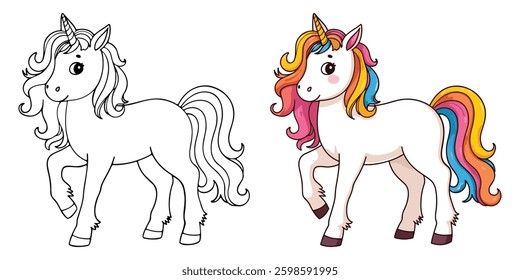 Unicorn Pony Isolated Line Art Vector Outline Illustration Black and White with Coloring Sample