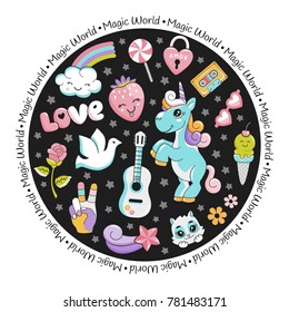 Unicorn pop art comic style round card with stars and magic animals