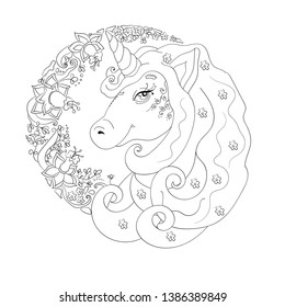 Unicorn Portrait Black White Outline Coloring Stock Vector (royalty 