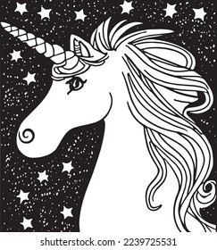 Unicorn portrait coloring page for kids black and white transparent vector illustration
