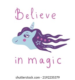 Unicorn portrait hand drawn art with lettering. Cute fantasy animal head with text. Adorable vector illustration for baby, kids, children. Greeting card, t shirt print, decorative magic element