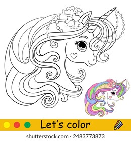 Unicorn portrait with long mane. Kids coloring book. Vector monochrome illustration with color template. Magic pony cartoon character. Ready to print. For children coloring, stickers, design