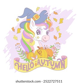 Unicorn portrait with plants and pumpkins. Cartoon vector illustration in trendy soft colors. Halloween card. Lettering Hello Autumn. For print, card, invitation, sublimation, t shirt, clothes design