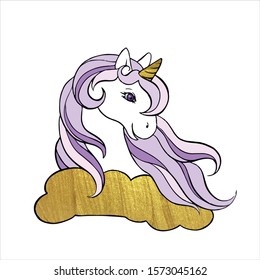 Unicorn portrait with purple mane and cloud. Golden textured horn and cloud. VectorUnicorn isolated on white background for banners, posters, t-shirt,  