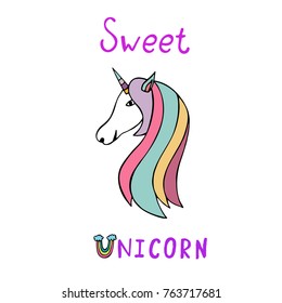 Unicorn portrait vector. Unicorn head with text sweet unicorn.