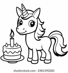 The unicorn is positioned beside a birthday cake featuring a candle