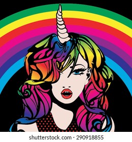 Unicorn Power! Vector Illustration. Pop Art Rainbow Woman.