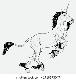 Unicorn prances and rears, bending its front legs. Linear vector illustration of a heraldic horned stallion with a long lion tail and cloven hooves. Folklore and mythological character.