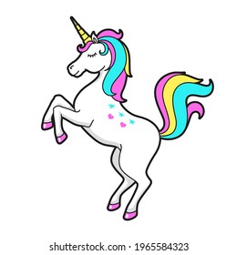 Unicorn prancing on hind hooves cartoon icon. Rearing fabulous horse with rainbow tail, mane. Funny lovely dreamlike animal print. Vector illustration isolated on white for kids goods, greeting cards.